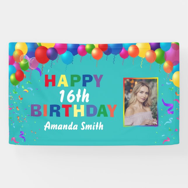 Happy 16th Birthday Colorful Balloons Teal Banner (Horizontal)