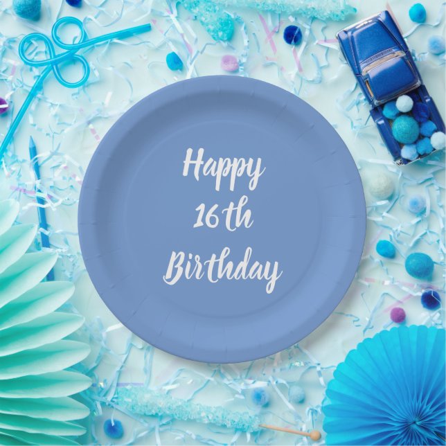 Happy 16th Birthday Cornflower Blue Custom Cute Paper Plates (Party)