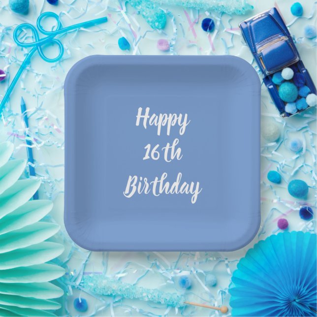 Happy 16th Birthday Cornflower Blue Custom Party Paper Plates (Party)