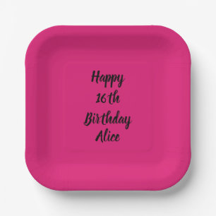 Happy 16th Birthday Custom Name Girly Pink Black Paper Plates