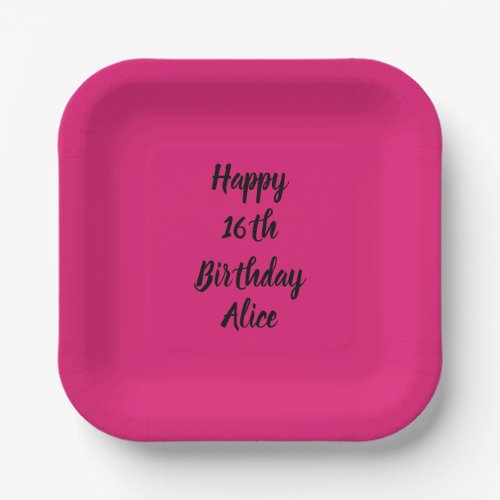 Happy 16th Birthday Custom Name Girly Pink Black  Paper Plates