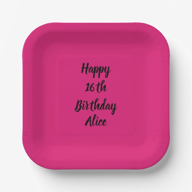 Happy 16th Birthday Custom Name Girly Pink Black  Paper Plates (Front)