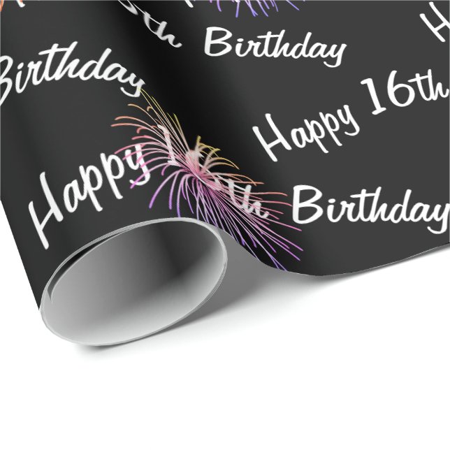 Happy 16th Birthday fireworks on black Wrapping Paper (Roll Corner)