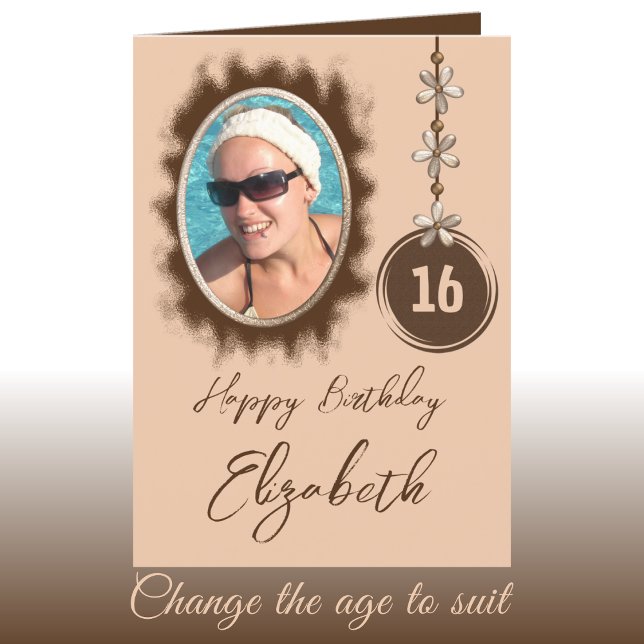 Happy 16th birthday flowers brown photo card (Creator Uploaded)