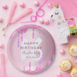 Happy 16th Birthday Glitter Drips Pink Metallic Paper Plates