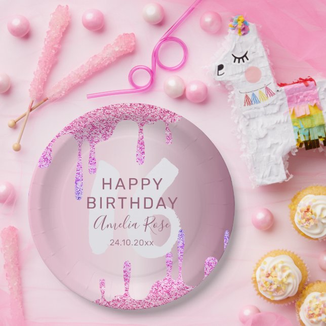 Happy 16th Birthday Glitter Drips Pink Metallic  Paper Plates (Party)