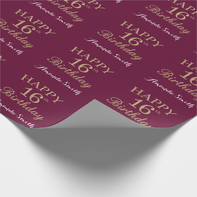 Happy 16th Birthday Gold Glitter and Burgundy Red Wrapping Paper (Corner)