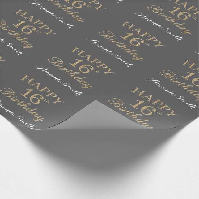Happy 16th Birthday Gold Glitter and Gray Wrapping Paper (Corner)