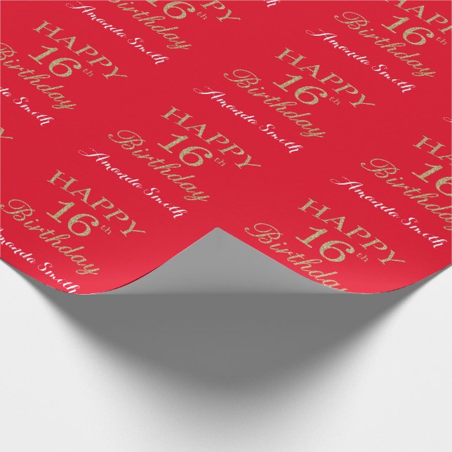 Happy 16th Birthday Gold Glitter and Red Wrapping Paper (Corner)