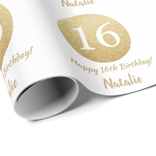 Happy 16th Birthday Gold Glitter and White Wrapping Paper