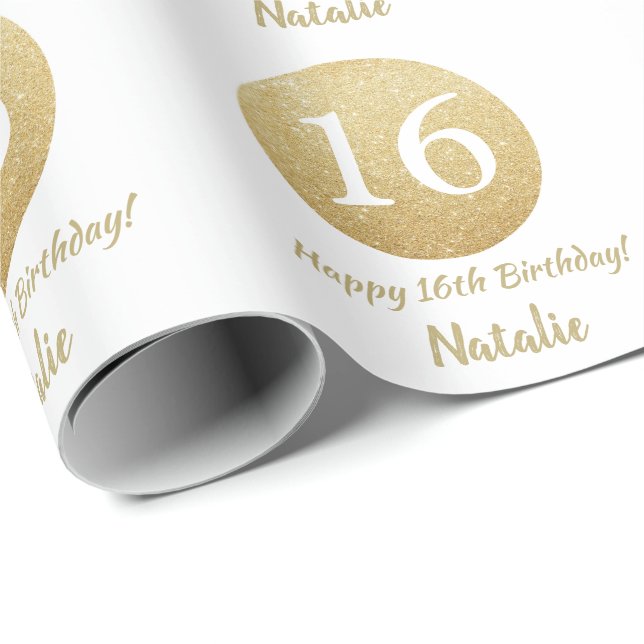 Happy 16th Birthday Gold Glitter and White Wrapping Paper (Roll Corner)