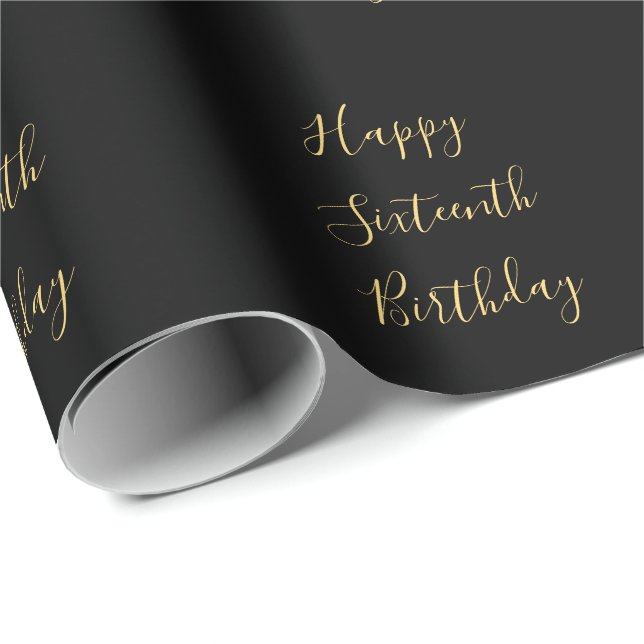 Happy 16th Birthday Golden Yellow Custom Age Black Wrapping Paper (Roll Corner)