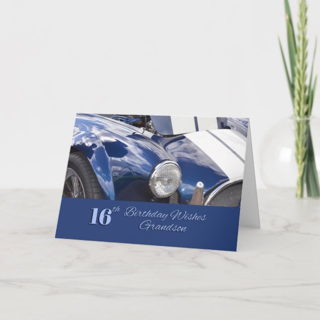 Happy 16th Birthday Grandson, Blue Car Card (Front)