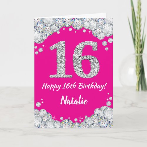Happy 16th Birthday Hot Pink and Silver Glitter Card