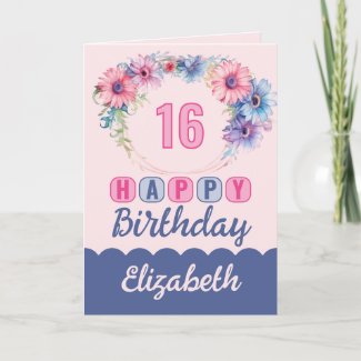 Happy 16th Birthday name floral pink