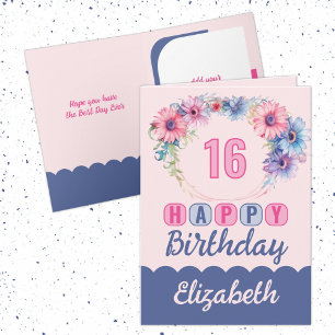 Happy 16th Birthday name floral pink Card