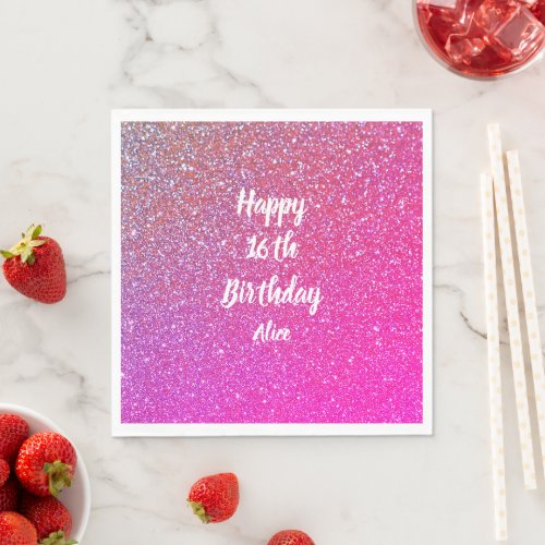 Happy 16th Birthday Name Pink Rose Gold Glitter Napkins
