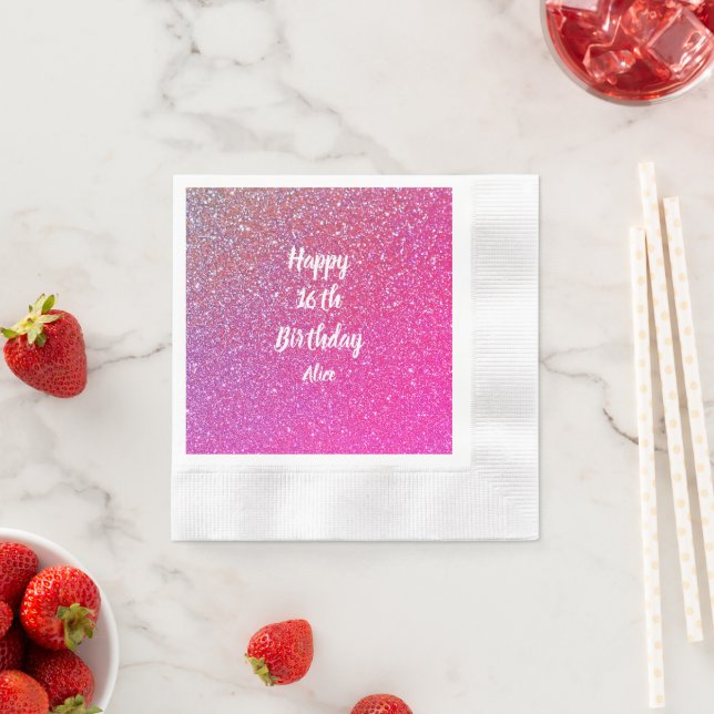 Happy 16th Birthday Name Pink Rose Gold Glitter Napkins (Insitu)