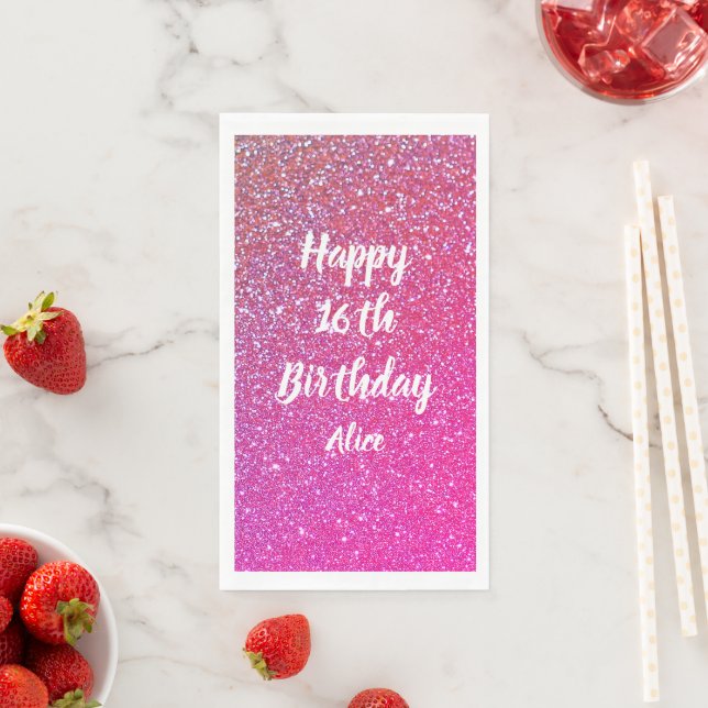 Happy 16th Birthday Name Pink Rose Gold Glitter  Paper Guest Towels (Insitu)