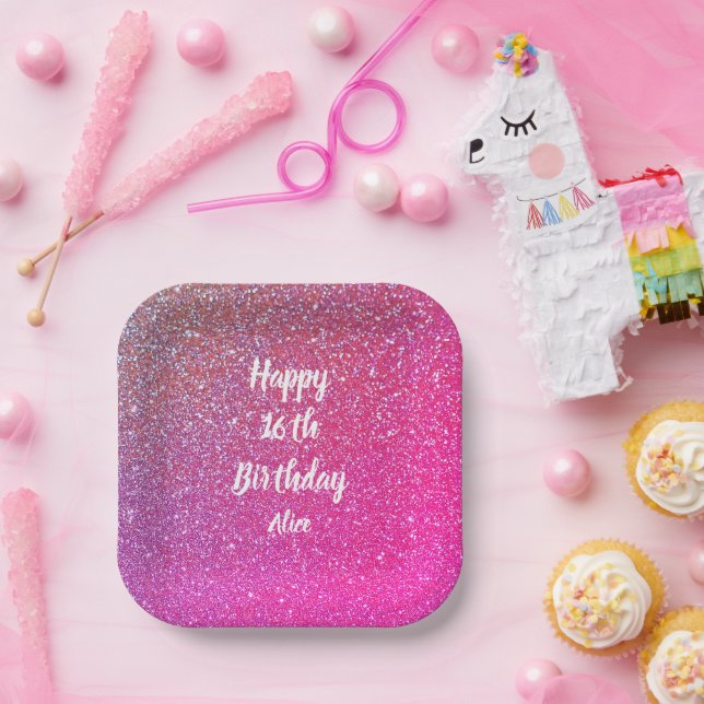 Happy 16th Birthday Name Pink Rose Gold Glitter Paper Plates (Party)
