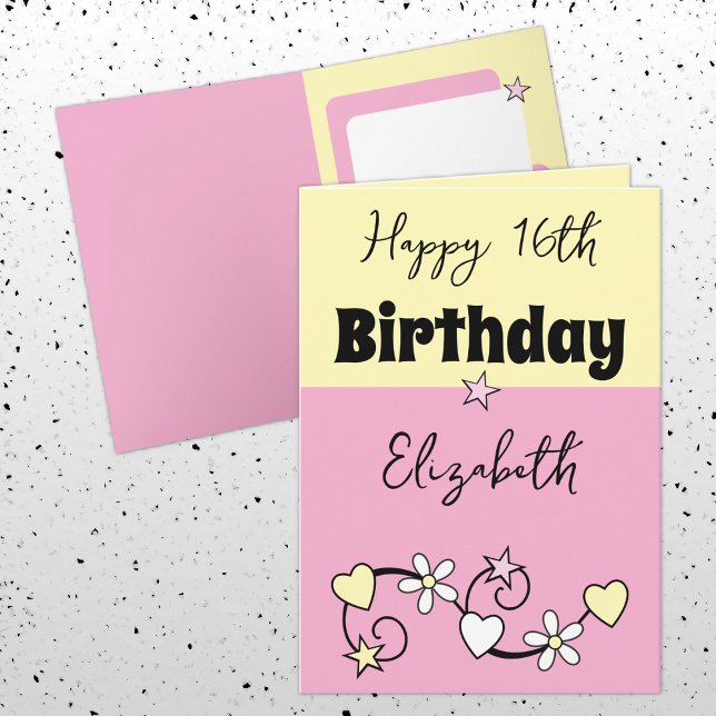 Happy 16th birthday name pink yellow card (Creator Uploaded)