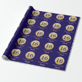 Happy 16th Birthday Navy Blue and Gold Glitter Wrapping Paper (Unrolled)