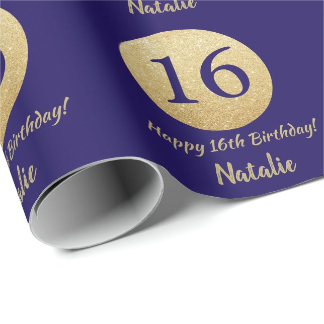 Happy 16th Birthday Navy Blue and Gold Glitter Wrapping Paper (Roll Corner)