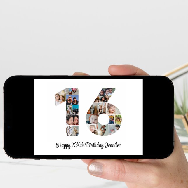 Happy 16th Birthday Number 16 Custom Photo Collage Card (Front Digital)