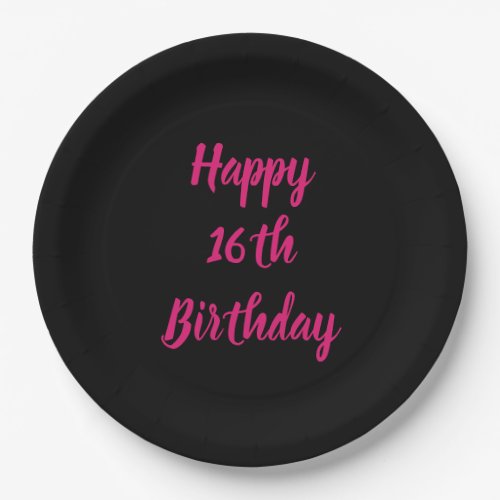 Happy 16th Birthday Pink Black Custom Color 2023 Paper Plates