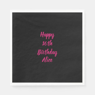 Happy 16th Birthday Pink Black Custom Color Name Napkins