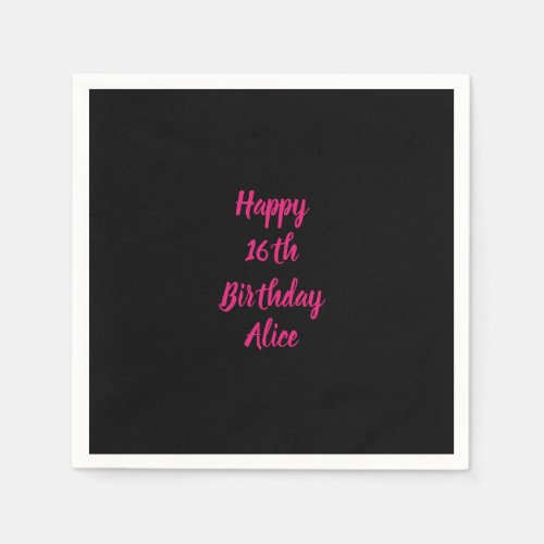 Happy 16th Birthday Pink Black Custom Color Name Napkins