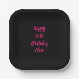 Happy 16th Birthday Pink Black Custom Color Name Paper Plates