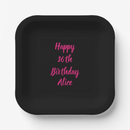 Happy 16th Birthday Pink Black Custom Color Name Paper Plates