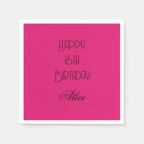 Happy 16th Birthday Pink Black Custom Name 2026 Napkins