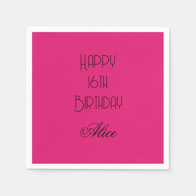 Happy 16th Birthday Pink Black Custom Name 2026 Napkins (Front)