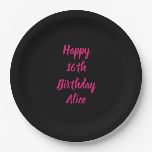 Happy 16th Birthday Pink Black Custom Name Color Paper Plates