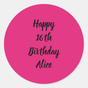 Happy 16th Birthday Pink Black Custom Name Girly Classic Round Sticker