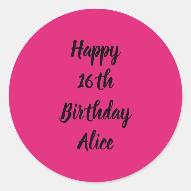 Happy 16th Birthday Pink Black Custom Name Girly Classic Round Sticker (Front)