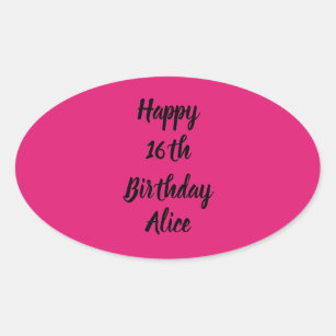 Happy 16th Birthday Pink Black Custom Name Girly Oval Sticker