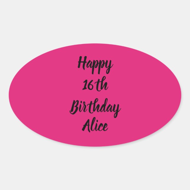 Happy 16th Birthday Pink Black Custom Name Girly Oval Sticker (Front)