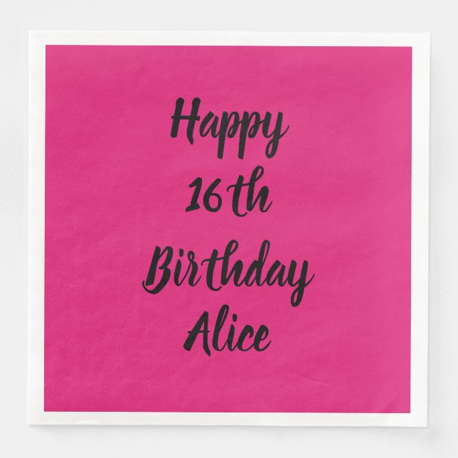Happy 16th Birthday Pink Black Custom Name Girly Paper Dinner Napkins (Front)