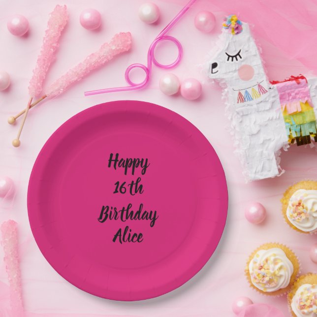 Happy 16th Birthday Pink Black Custom Name Girly Paper Plates (Party)