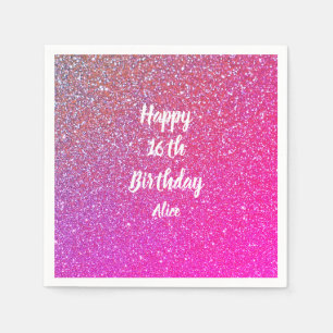 Happy 16th Birthday Pink Rose Gold Glitter Name Napkins