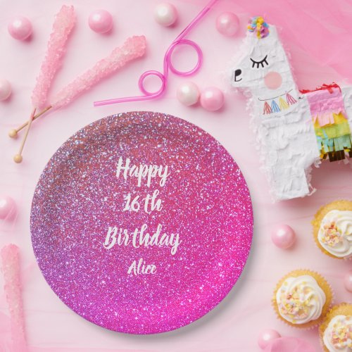 Happy 16th Birthday Pink Rose Gold Glitter Name Paper Plates