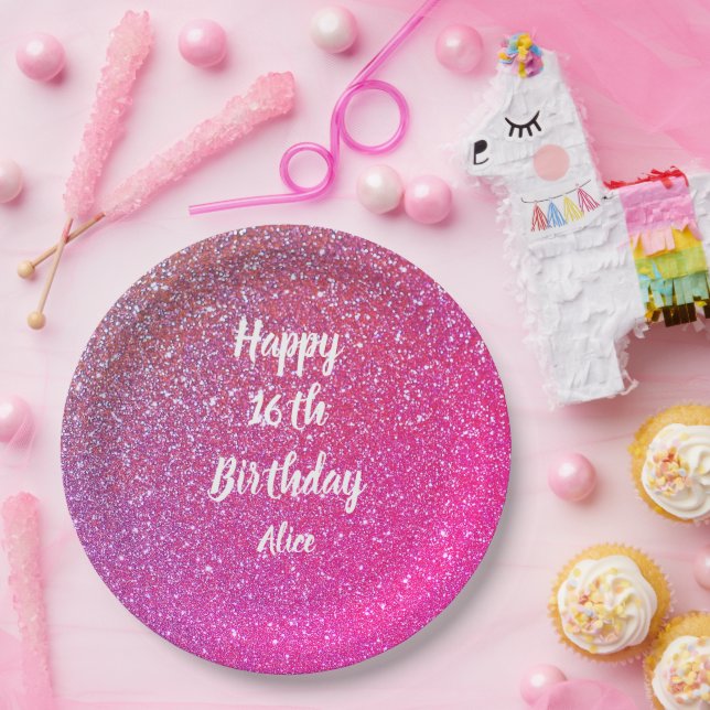 Happy 16th Birthday Pink Rose Gold Glitter Name Paper Plates (Party)