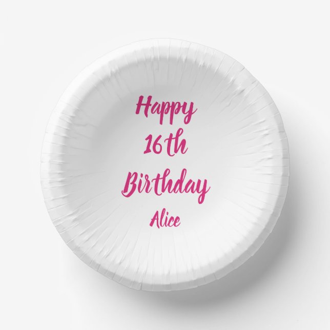 Happy 16th Birthday Pink White Custom Name Girly Paper Bowls (Front)