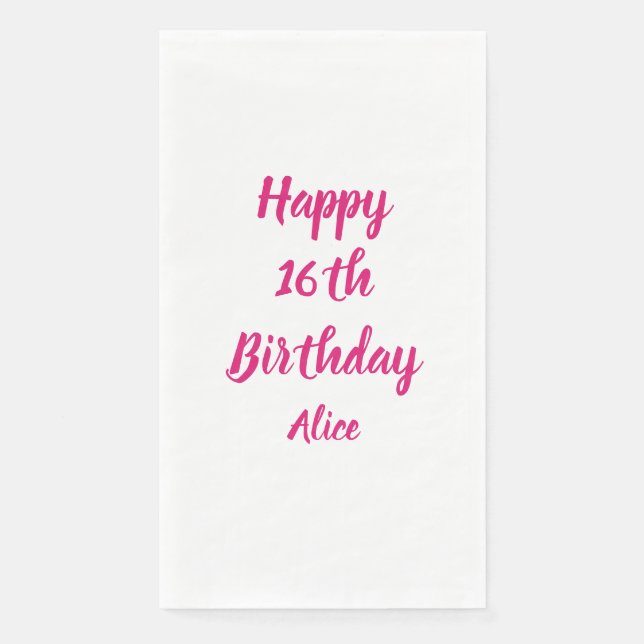 Happy 16th Birthday Pink White Custom Name Girly Paper Guest Towels (Front)