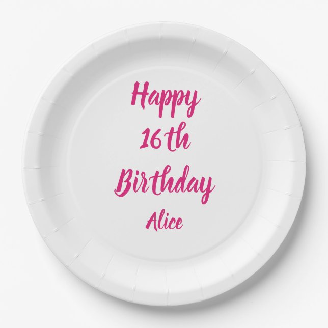 Happy 16th Birthday Pink White Custom Name Girly Paper Plates (Front)