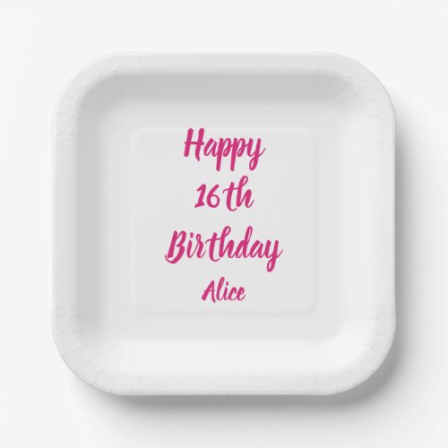 Happy 16th Birthday Pink White Custom Name Girly Paper Plates