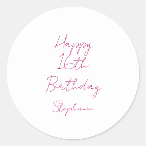 Happy 16th Birthday Pink White Sixteenth 2024 Classic Round Sticker